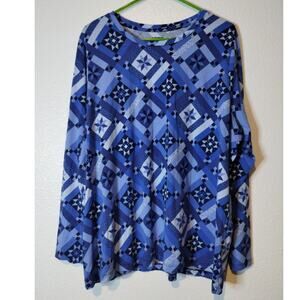 Lands' End Women's Size 2X Blue Geometric Boat Neck Bateau Long Sleeve T-Shirt